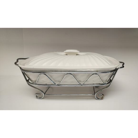 Godinger Rare Vintage 2 Quart Rectangular Covered Porcelain Baker W/Serving Rack - Picture 1 of 9